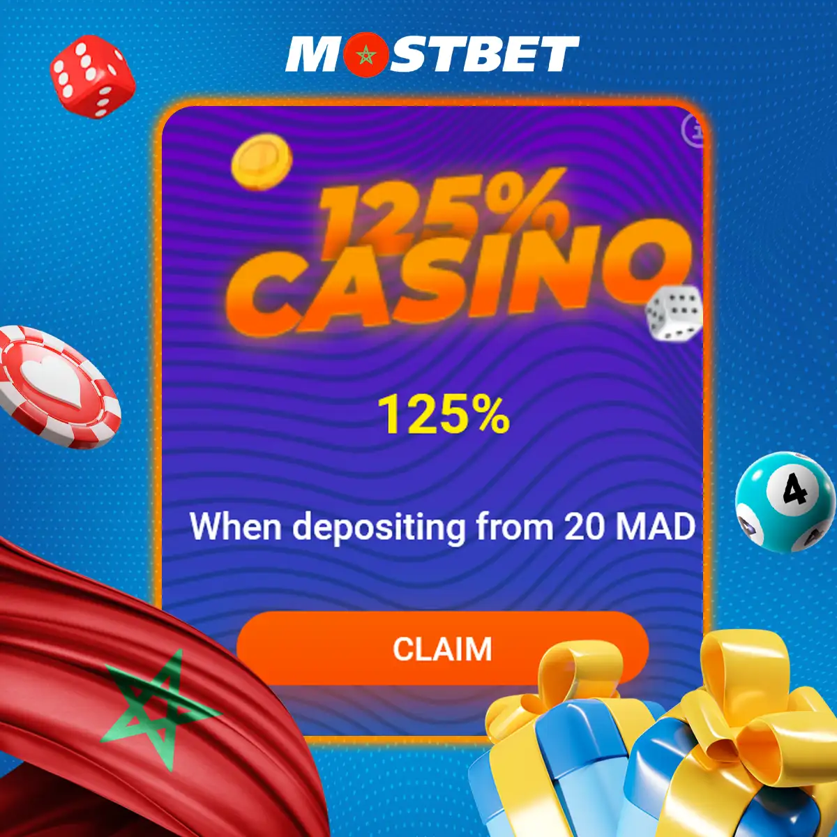 احصل على مكافأة كازينو تصل إلى 125% على إيداعك الأول في Mostbet بالمغرب.