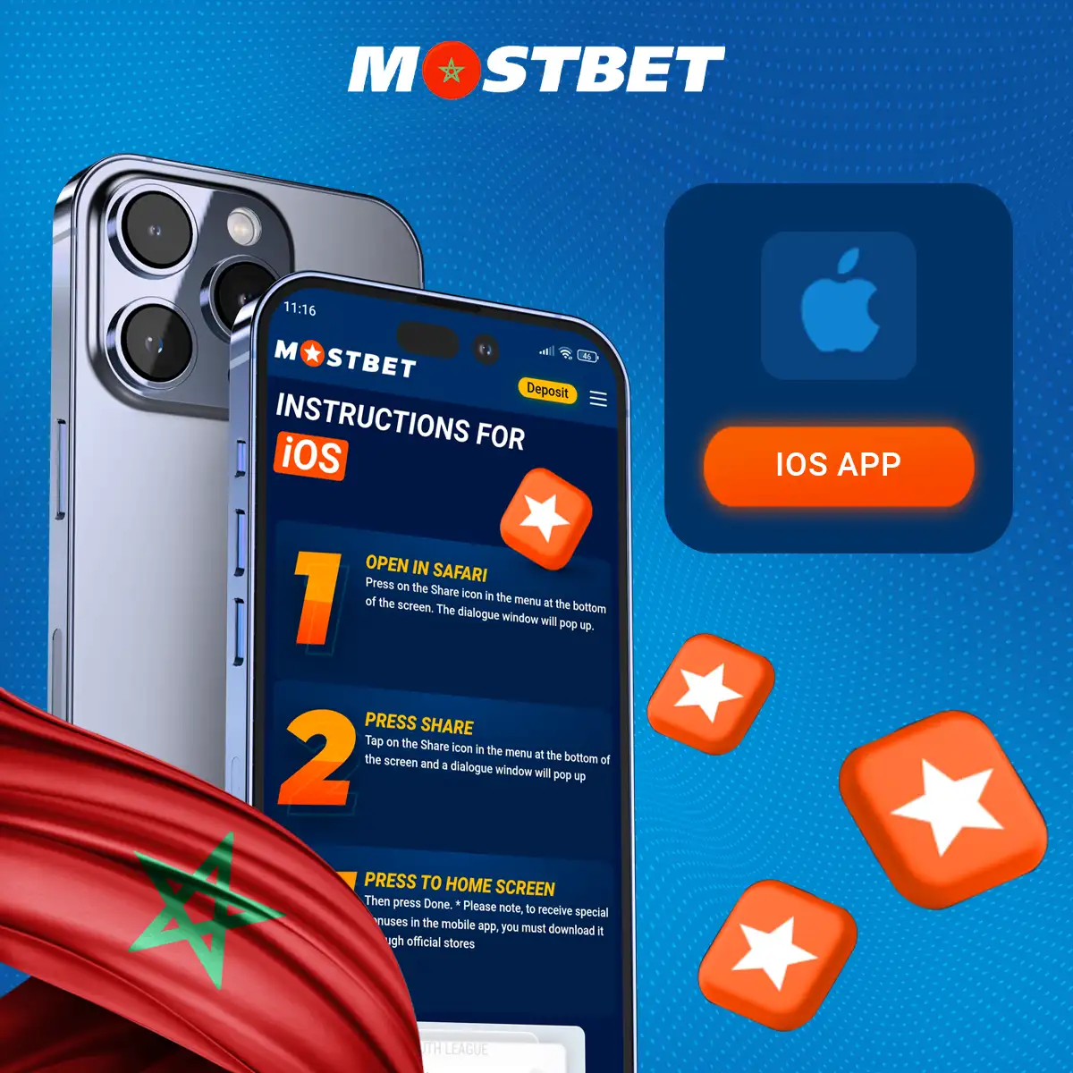 خطوات تنزيل وتثبيت تطبيق Mostbet للجوال على نظام iOS.