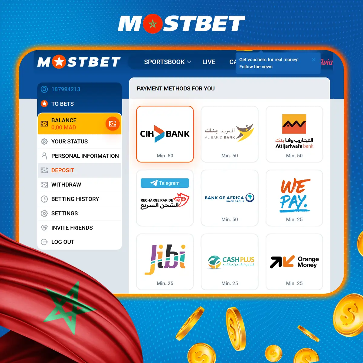 كيف يمكنك القيام بأول إيداع وسحب أموالك على منصة Mostbet المغرب؟