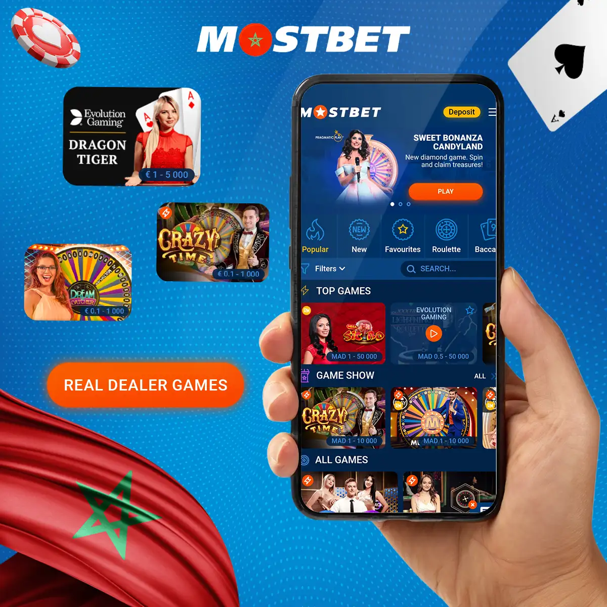 تعدد كبير من الألعاب مع موزع مباشر في كازينو Mostbet المغرب.