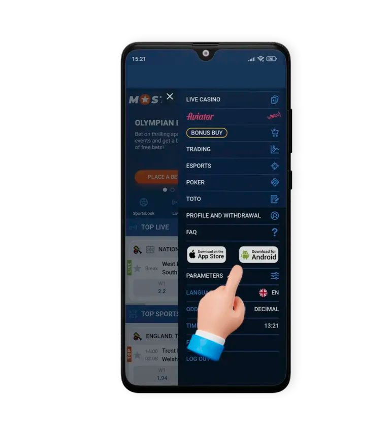 اضغط على خيار ”تنزيل لنظام أندرويد” لبدء تنزيل تطبيق Mostbet APK.